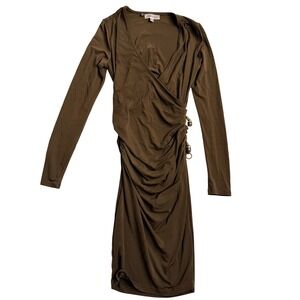 Jennifer Lopez Wrap Dress Brown Long Sleeve Ruched Side Detail Size S *FLAWED